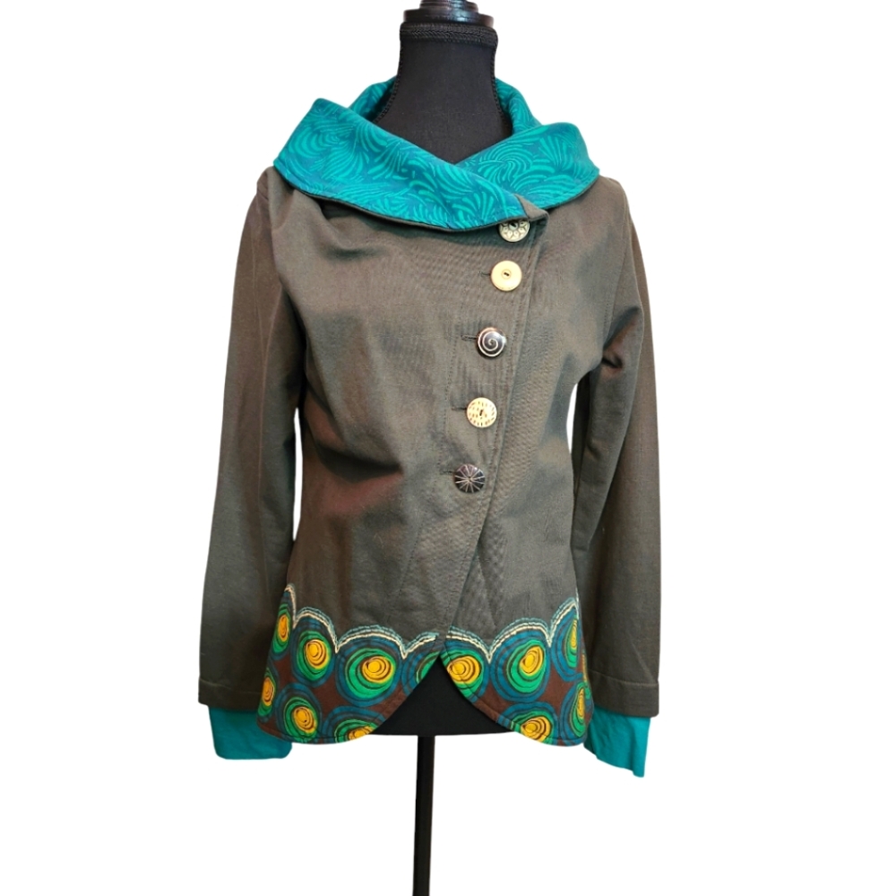 Gray-Green Blazer with Teal Collar and Colorful Embroidered Hem